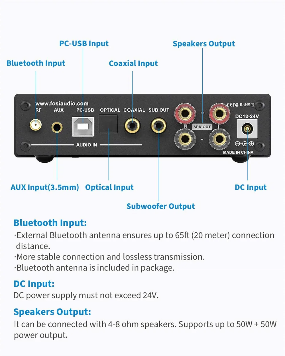 Fosi Audio 블루투스 앰프, 스테레오 오디오, 무선 DAC 앰프, 하이파이 클래스 D 파워 앰프, 50W x2 스피커, 액티브 서브우퍼, DA2120A