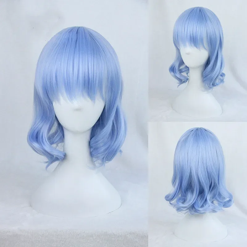 TouHou Project Remilia planchers let Cosplay Perruque Bleue Courte Bouclée pour Femme, Cheveux Synthétiques, Bonnet de Perruque Gratuit, Degré de Chaleur, Cadeau de Costume