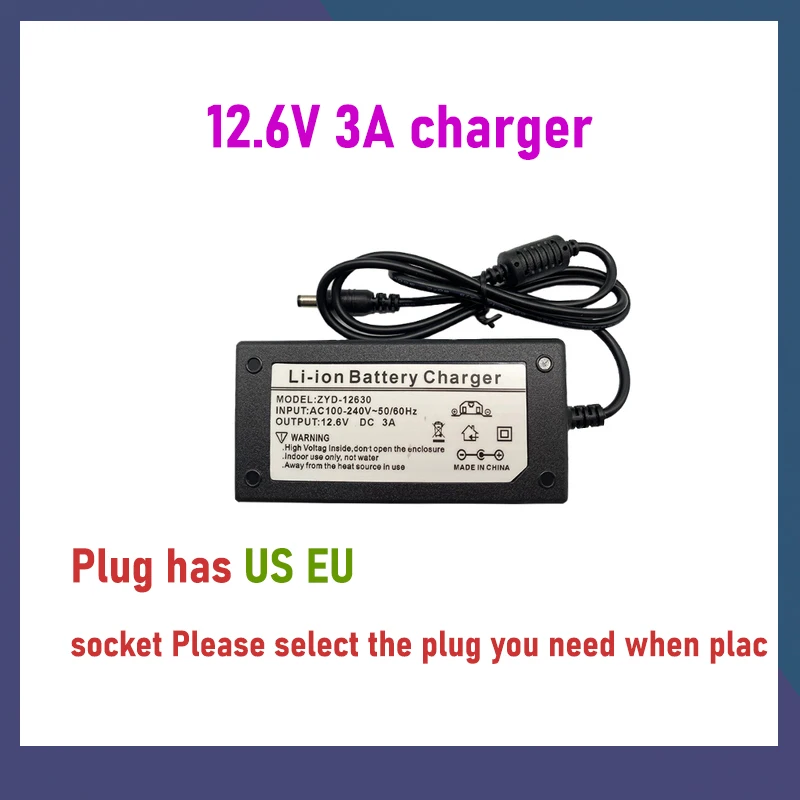 12.6V 3A 18650 Lithium Battery Charger for 3 Series Lithium Battery C Battery 12V Battery Smart Charger + US EU AC Power Cord