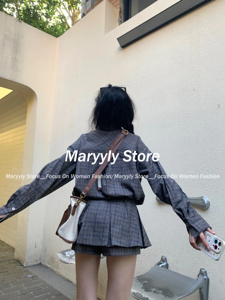 Autumn Winter 2000s Aesthetic Plaid Skirt Suit Women Vintage Shirts Jacket + Pleated Mini Skirt Preppy Outfits 2 Piece Set New