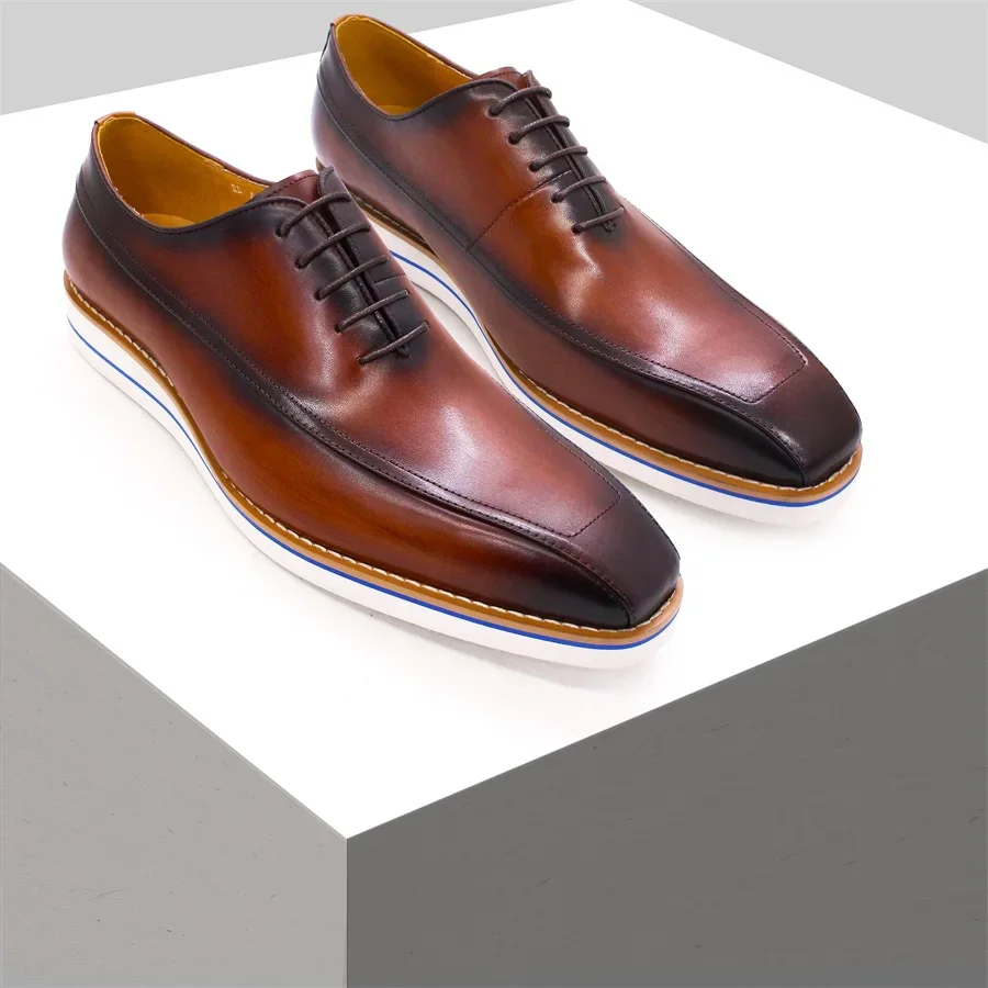 Handmade Men's Casual Leather Shoes Fashion Comfortable Flat Lightweight Lace-Up Dress Shoes for Travel Dating Banquet