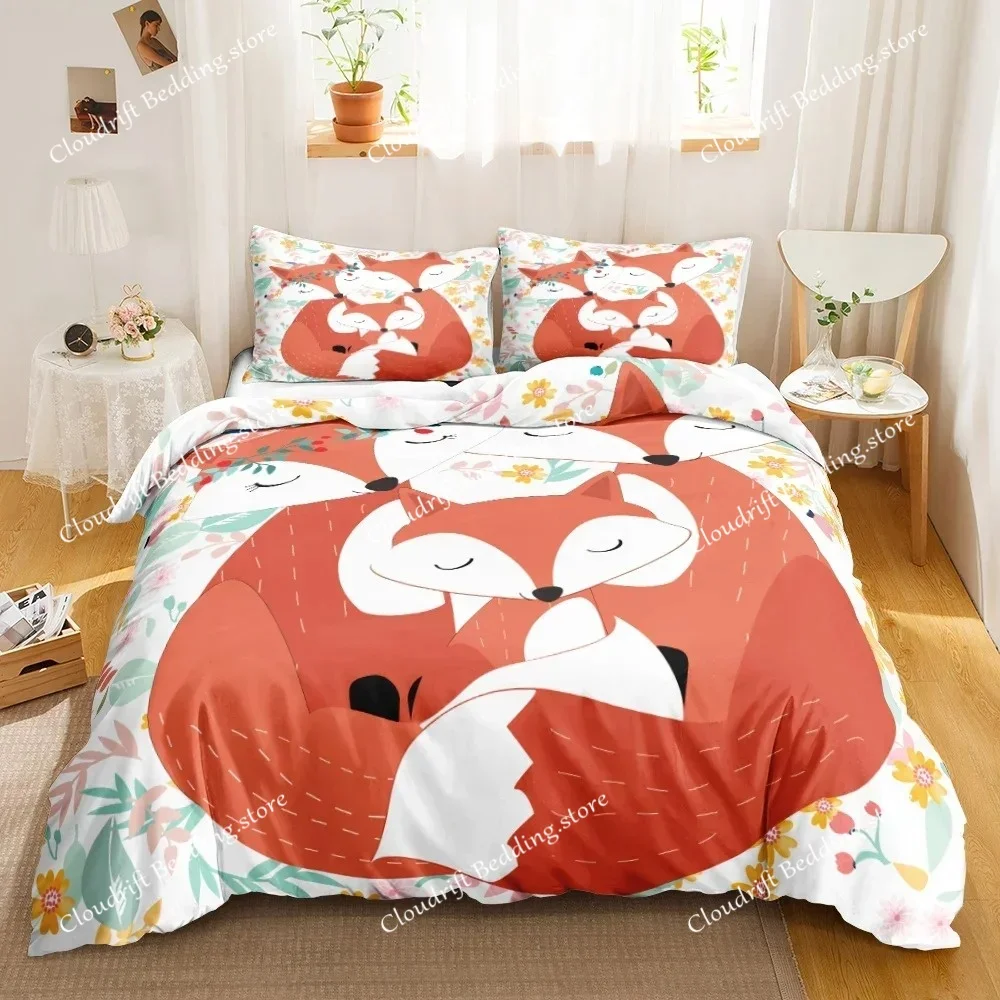 Cartoon Fox Bedding Set Cute Fox with Flower Feather Headband Duvet Cover Twin Full Queen King Polyester Duvet Cover Girls Boys