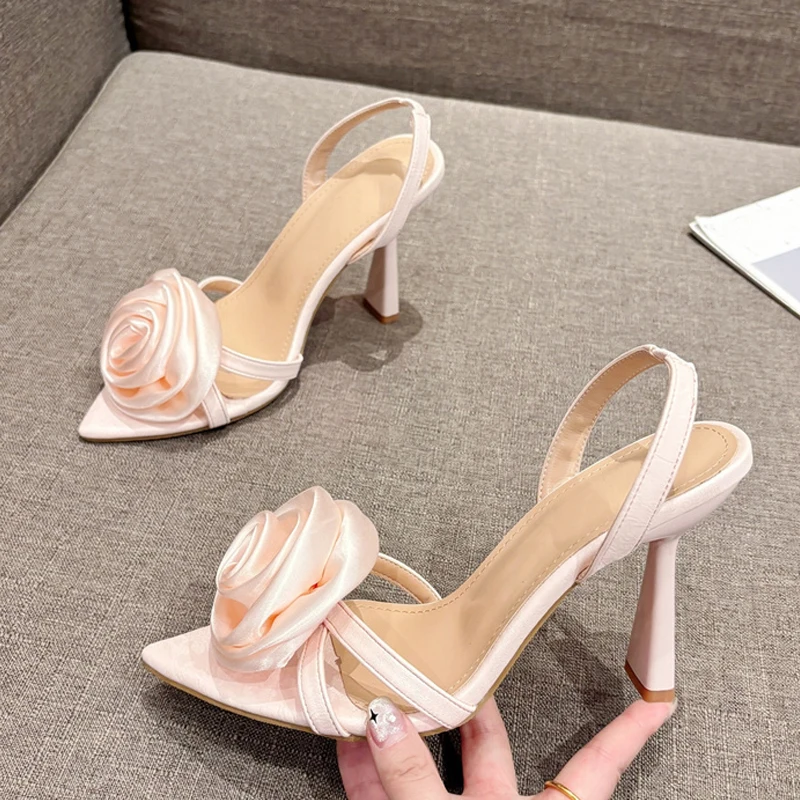 Liyke Summer Fashion Silk Rose Flowers Pointed Open Toe Back Strap Sandals Women Red High Heels Wedding Prom Shoes Zapatos Mujer