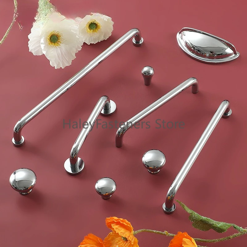 

Modern simple pure copper cabinet handle bright silver chrome French light luxury Japanese single hole drawer wardrobe brass