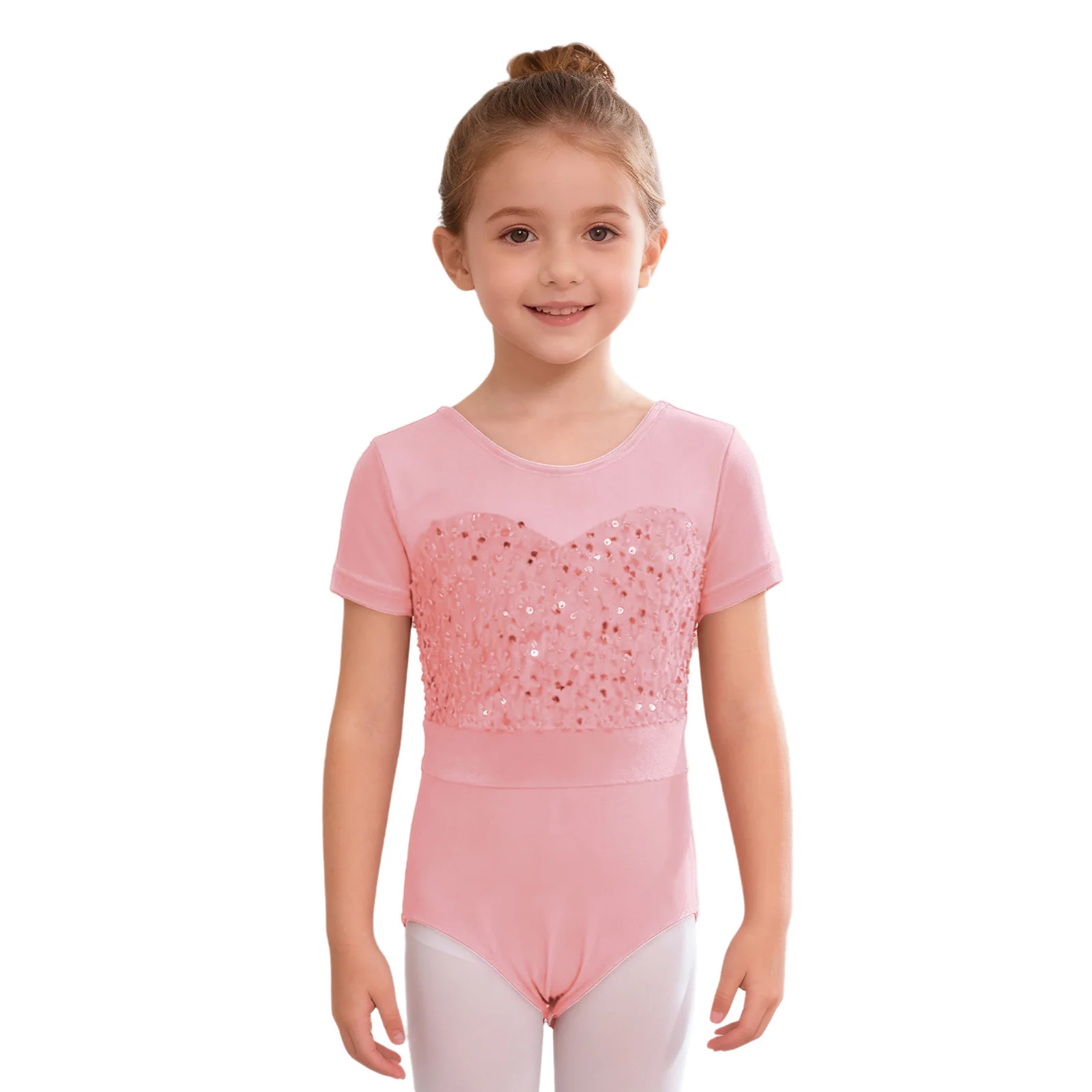 

Kids Girls Ballet Dance Leotard Short Sleeve Shiny Sequins Velvet Patchwork Press Buttons Crotch Bodysuit Gymnastics Performance