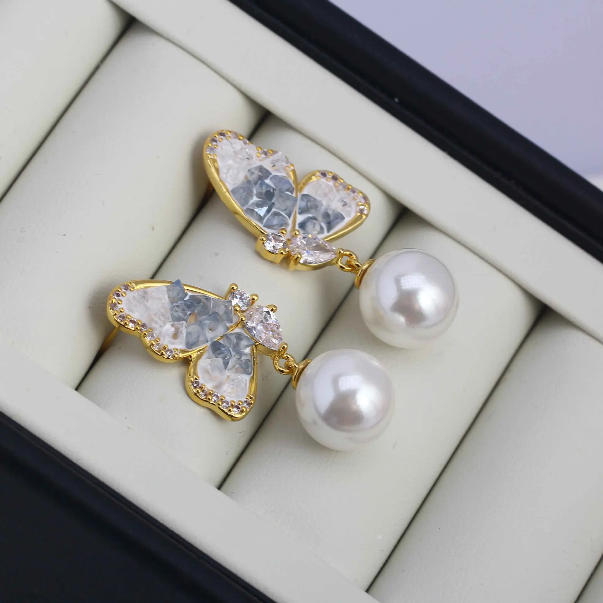 Fresh Sweet Women Brass Gold Plated Crystal Butterfly Wing Blank Setting Handmade Findings For DIY Pearl Earring