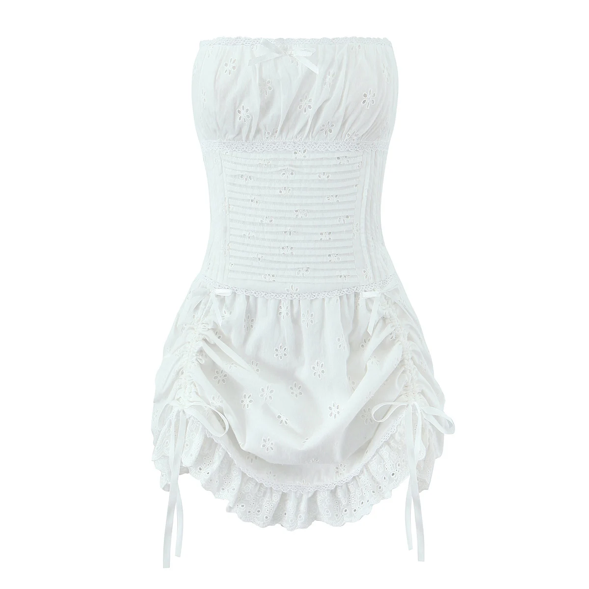 Sexy Embroidery Flower hole White Drawstring Rope Lace Hem Strapless Dress Women Ruched Body Tube Top Party Dresses Robe