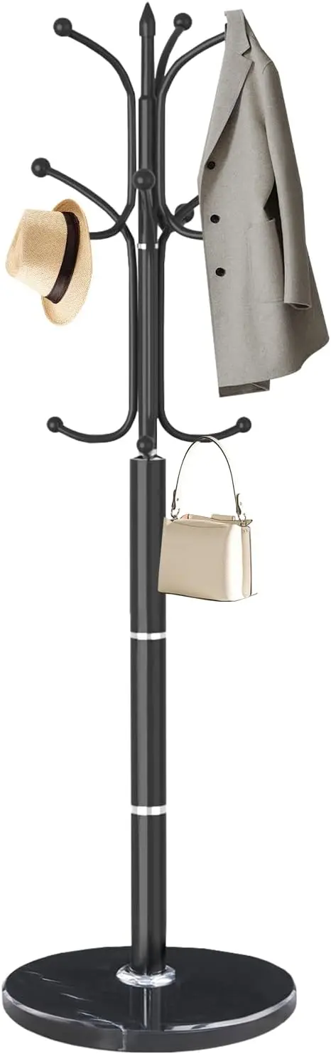 

Modern Coat Rack Stand, Metal Freestanding Coat Rack with Natural Marble Base, Heavy-Duty Coat Racks with 12 Hooks,Black