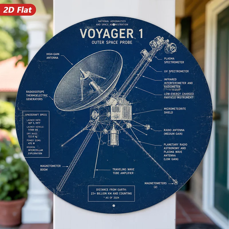 2D Flat, 1pc Voyager Blueprint Round Metal Sign Wall Art, Home Decor, Voyager 1 Title Text, Suitable for Entryway Corner,