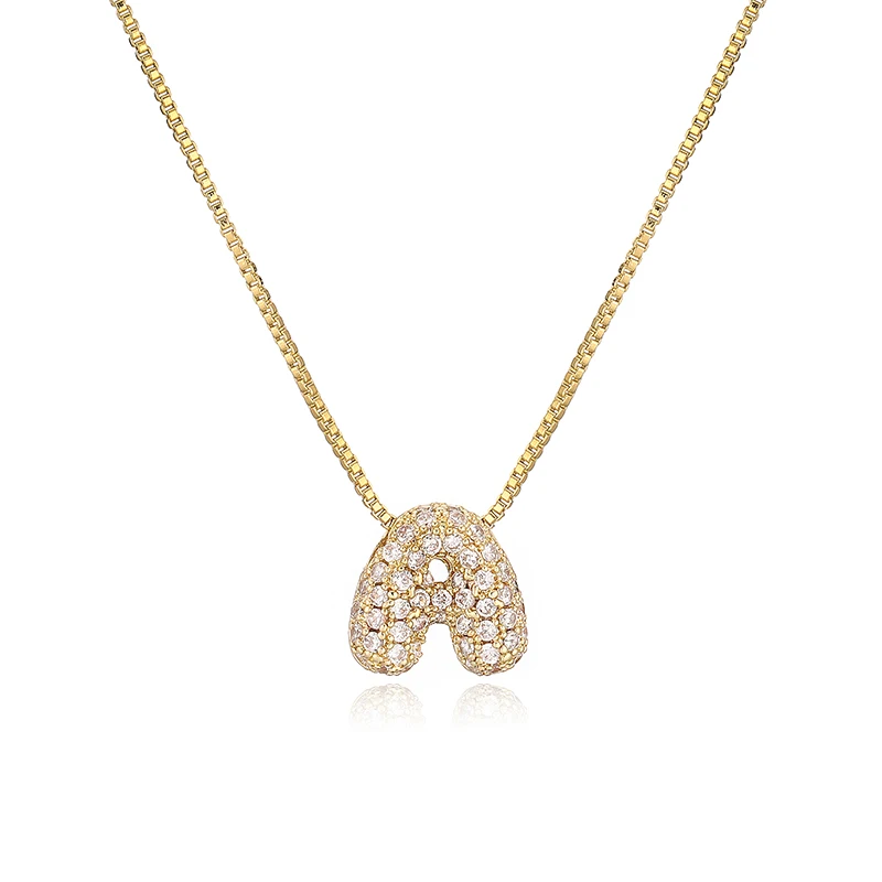 HECHENG,Golden Plated Brass Inlaid CZ Stone Letters Balloon Bubble A-Z Initials Pendant Necklace Couple Ladies Fashion Jewellery