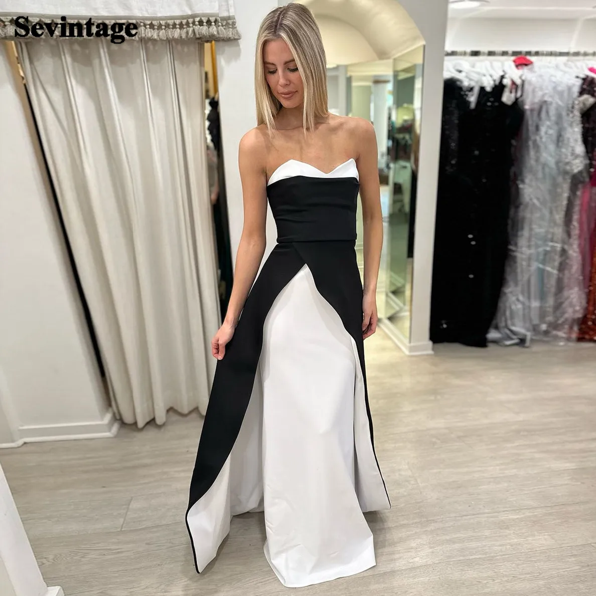 

Sevintage Vintage Black White Mermaid Satin Prom Dress Strapless Pleated Floor Length Sheath Evening Dress vestido de gala 2024