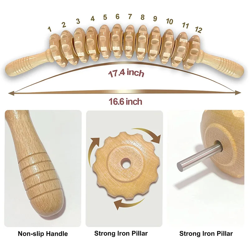 Wooden Curved Massager Handheld Roller Stick 12 Rollers Trigger Point Manual Body Therapy Massager for Fascia Cellulite Muscle