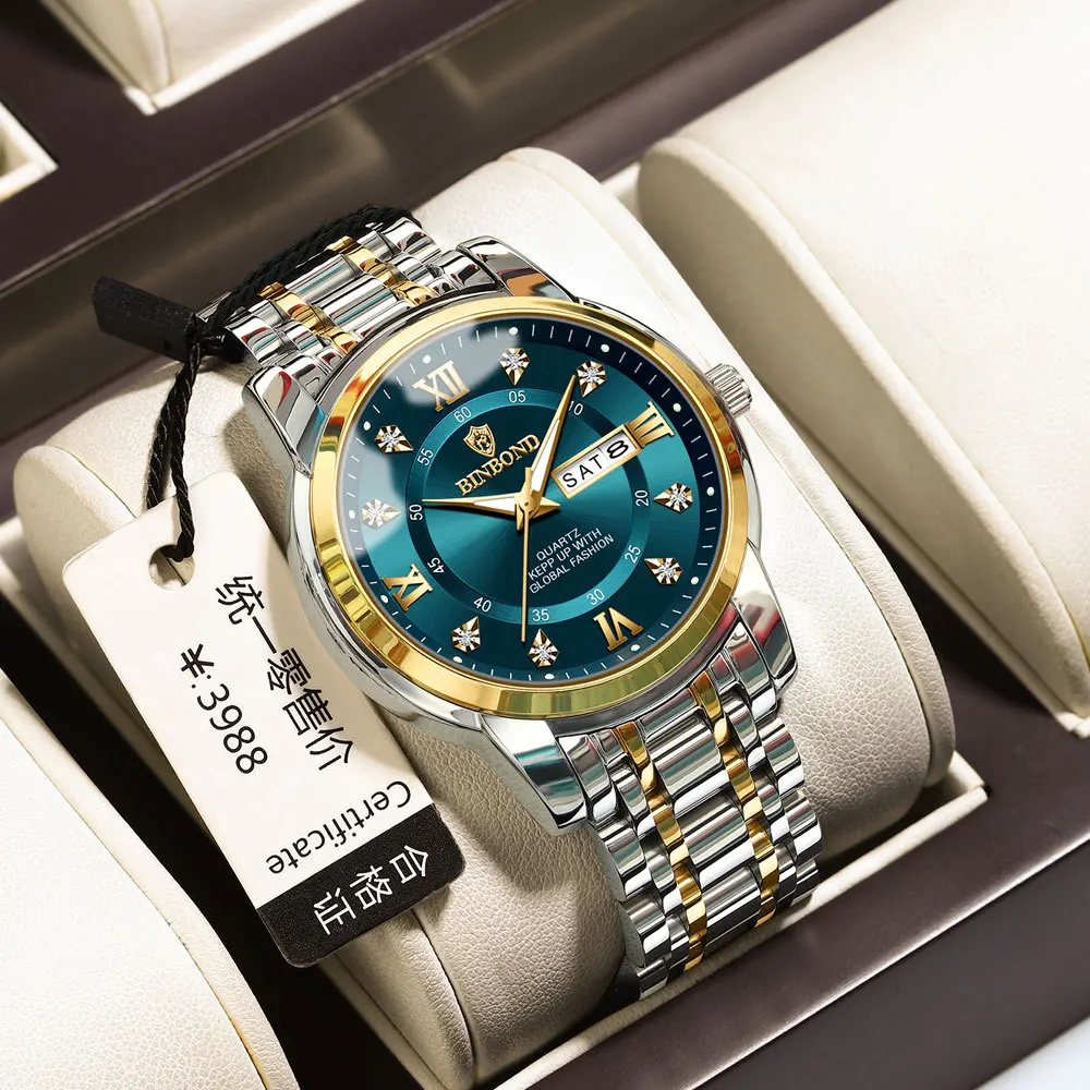 ของแท้นาฬิกาผู้ชายกันน้ำธุรกิจปฏิทินคู่เพชรเหล็กผีเสื้อปุ่มชายแฟชั่นนาฬิกาควอตซ์