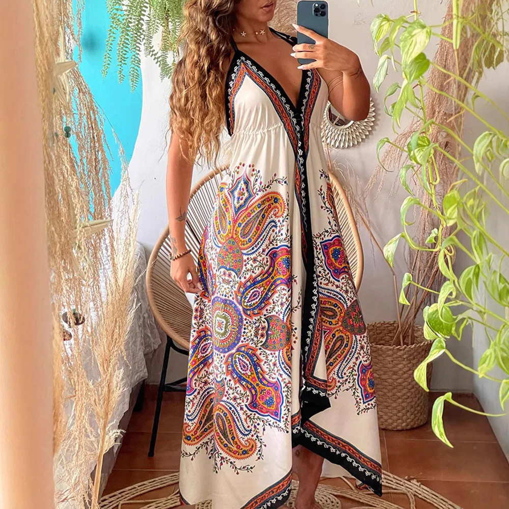 Sexy Folk Pattern Halter Deep V Long Dress Irregular Vacation Gown Women's Bohemian Maxi Dresses