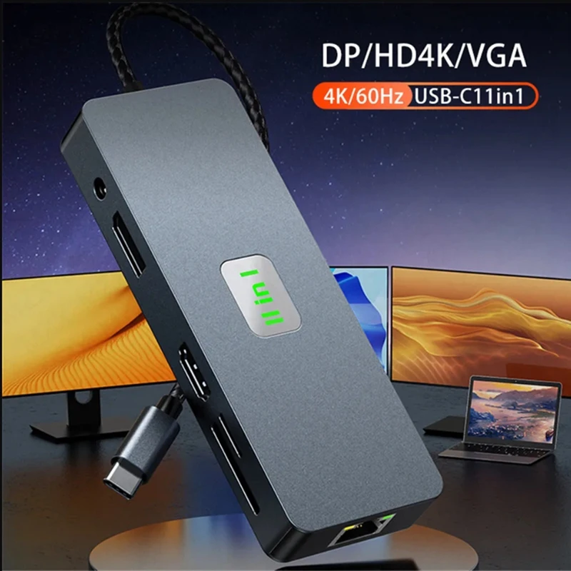 Док-станция USB-концентратор 11 в 1, док-станция 3.1 Type-C HD + DP + VGA, трехэкранный дифференциальный дисплей, замена многоэкранной док-станции