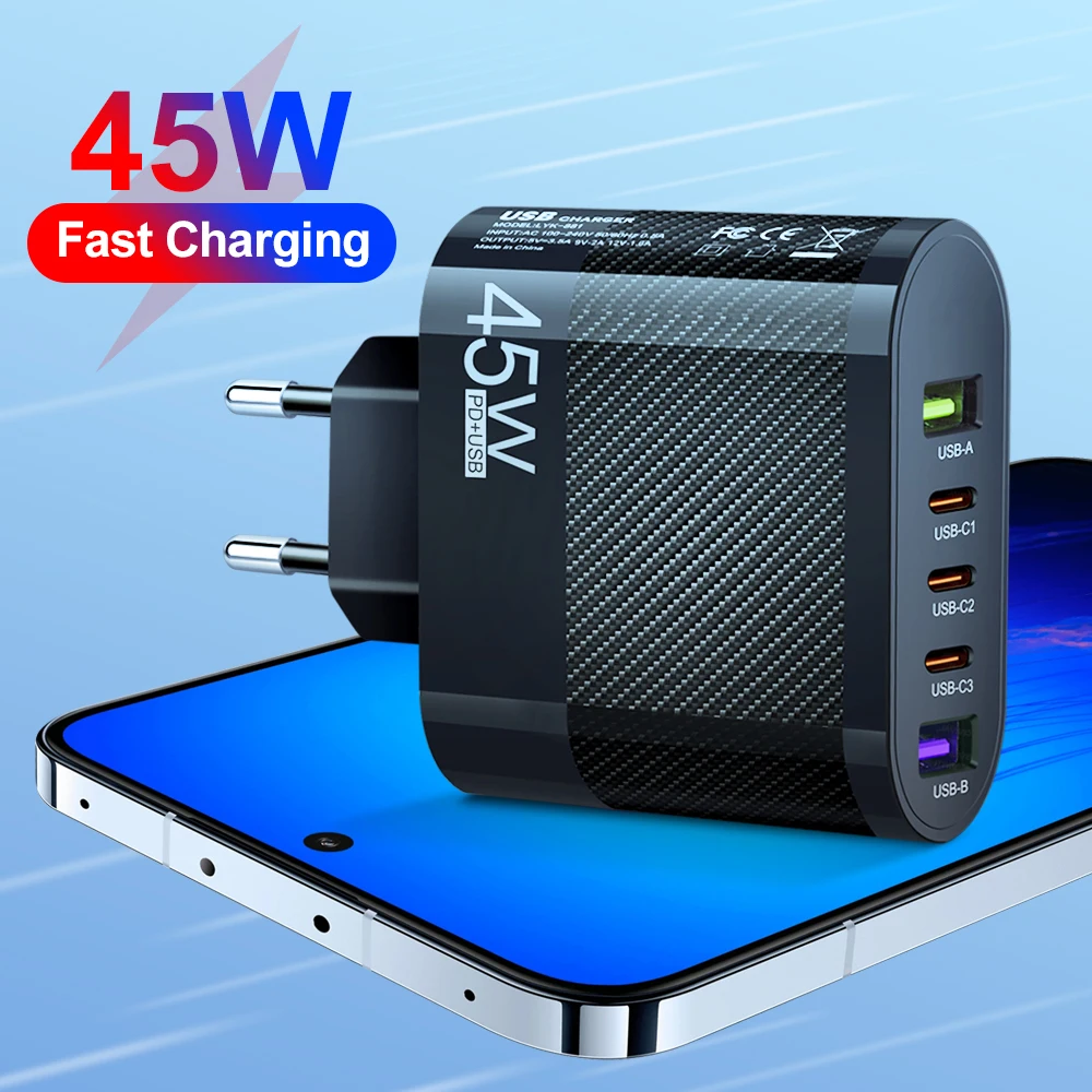 

PD 45W Fast USB Charge Charger 5Ports EU/US Plug Wall Charger Adapter For iPhone 15 14 Xiaomi Huawei Samsung USB C Phone Charger