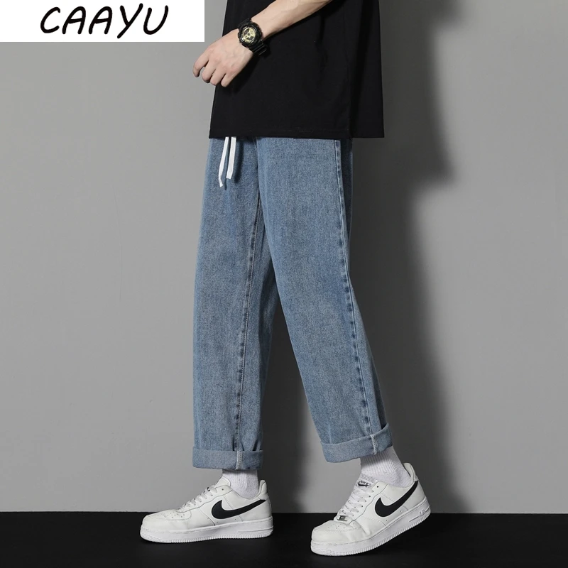 CAAYU 2023 Casual Baggy Jeans Men's Korean Streetwear Fashion Hip Hop Straight Wide Leg Trousers Couple Casual Pants Light Blue