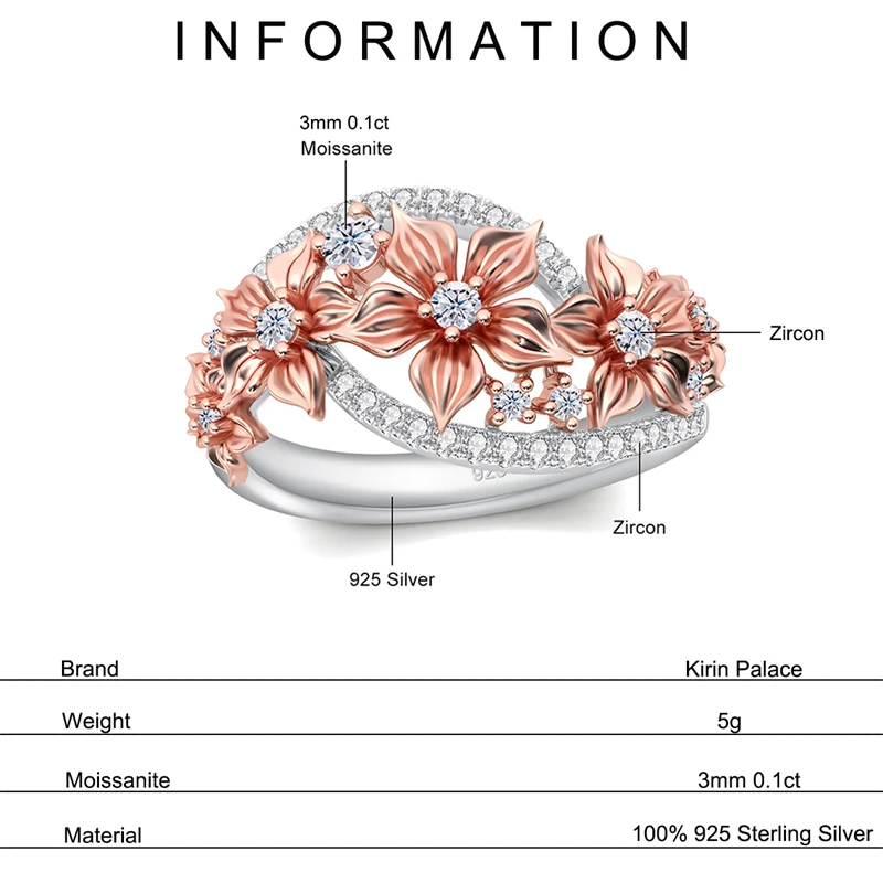 Kirin Palace Moissanite Wedding Flower Ring D Color Diamond Engagement Band 925 Silver Plated Rose Gold Jewelry for Women