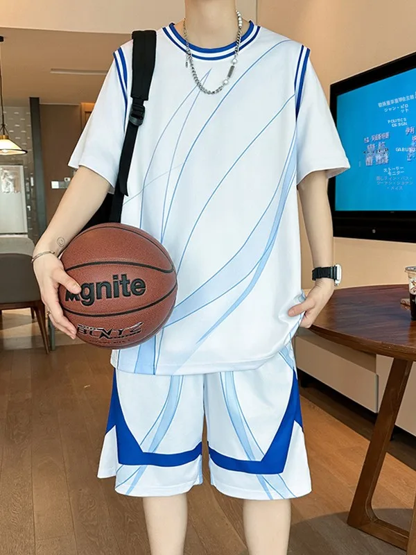 アイスシルク速乾半袖tシャツバスケットボールユニフォームメンズ五分丈ショーツスポーツセットティーンエイジャーの男の子向けサマーレジャー