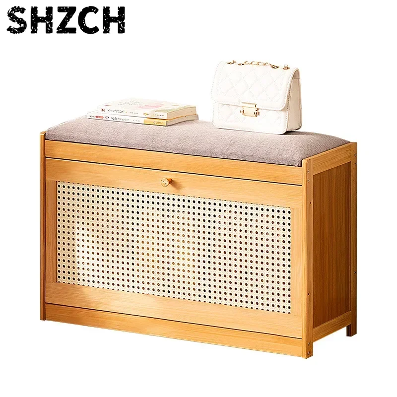 Modern Natural Bamboo Shoe Cabinet - Simple Changing Shoe Stool with Tipping Bucket Storage Soft Cushion Entrance Bench