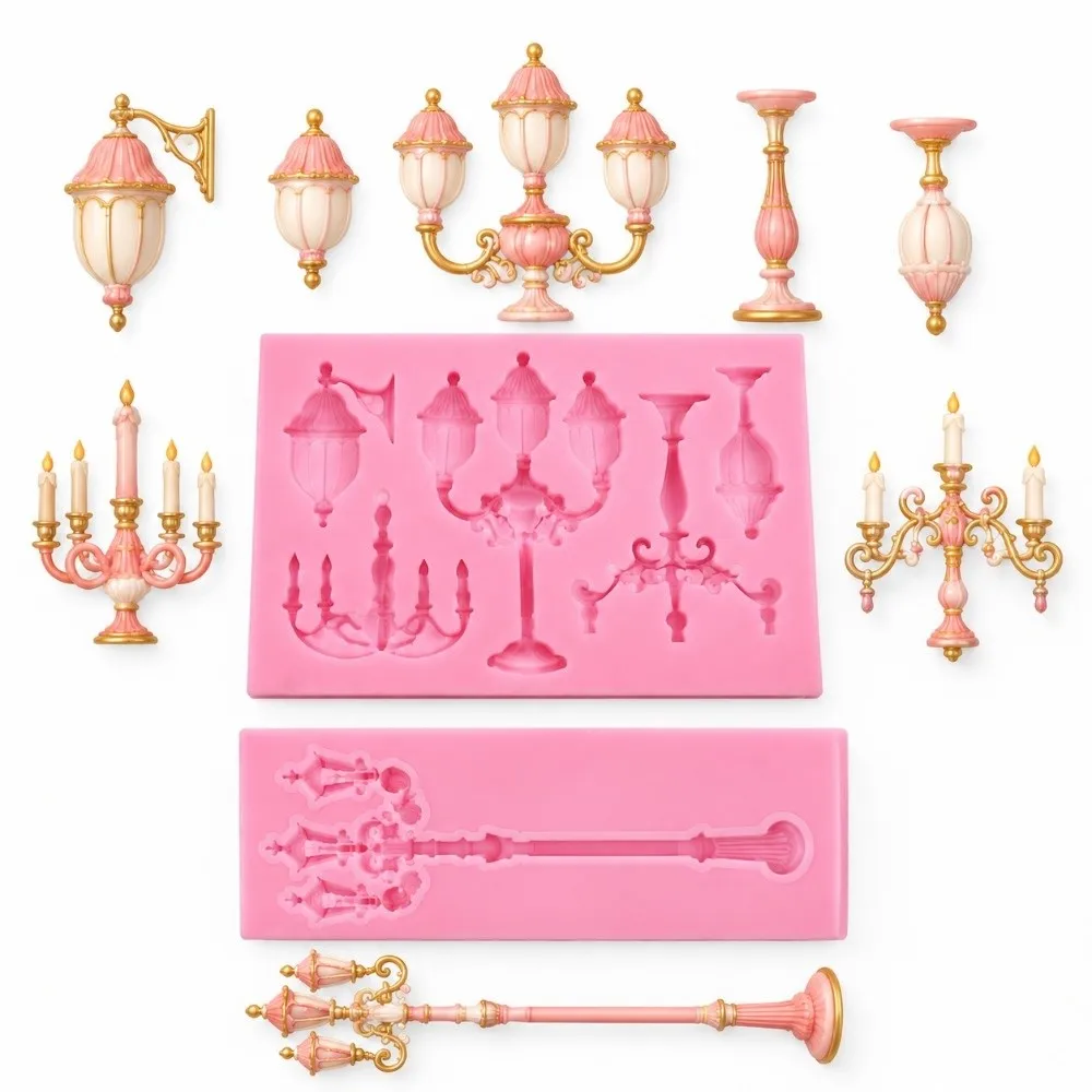 2PCS Flexible European Vintage Street Lamp Chandelier Mold Silicone Non-Stick Fondant Cake Mold Easy Release Dishwasher Safe