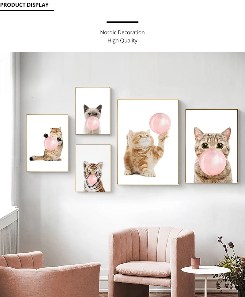 Nordic Wall Art Canvas Poster Painting Cat Tiger Cub Pink Balloon Bubble Gum Nursery Picture Print Children Bedroom Home Decor