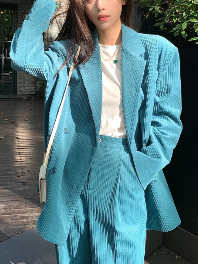 Women Elegant Corduroy Blazer Suit Casual Vintage Jackets Wide Leg Pants 2 Pieces Set Female Fashion Korean Pantsuit Outfits