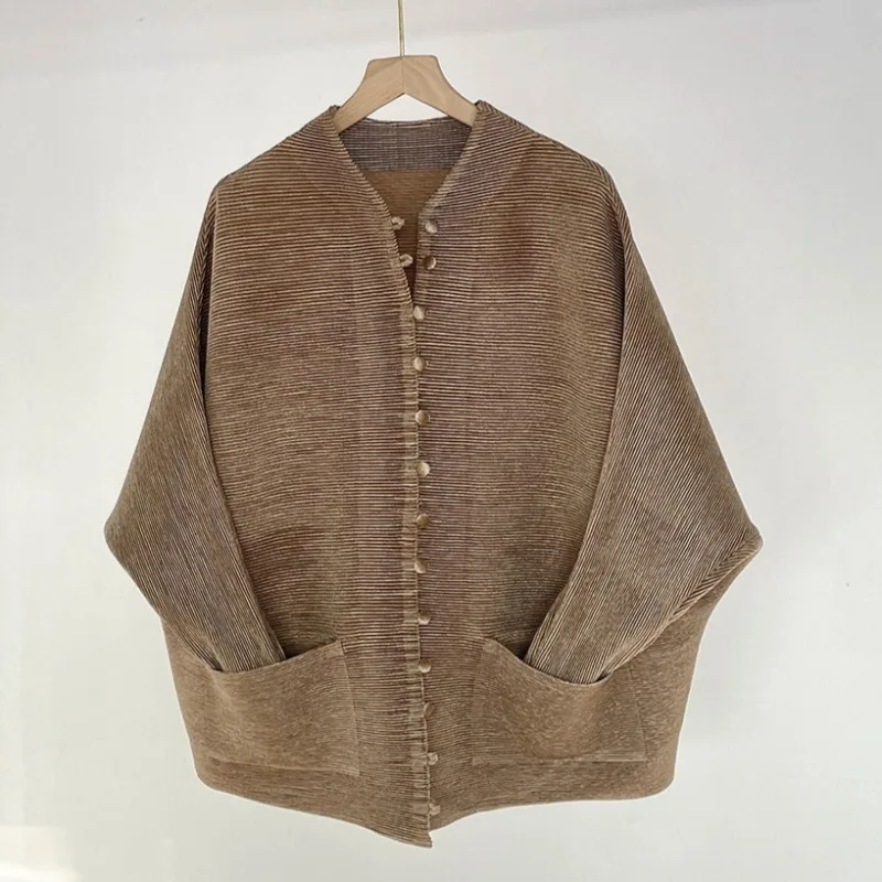 

Miyake Pleated Jacket 2025 Fall Hundred Thin Bat-sleeved Cardigan Single-breasted Short Jacket Large Size Elastic Women Clothing