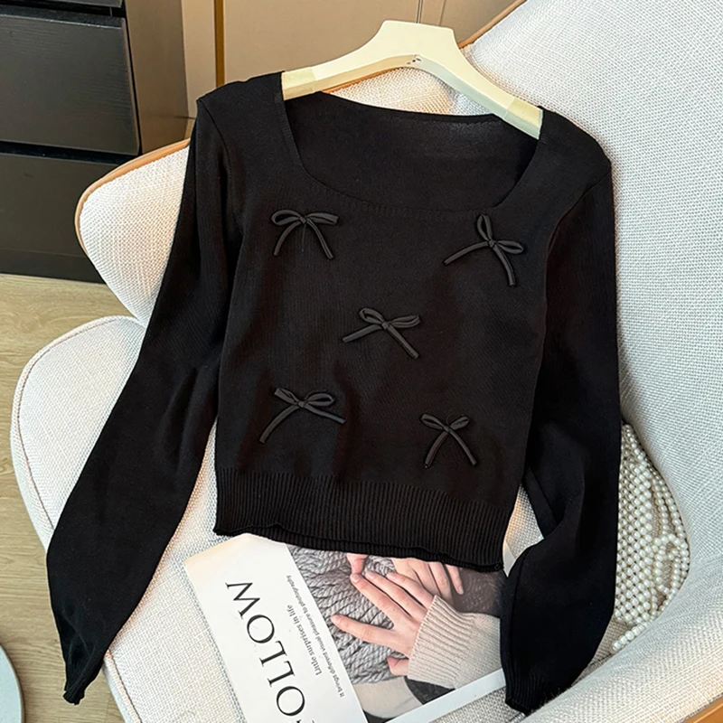 

Women Bow Cute Knitted Crop Tops Long Sleeve Square Collar Slim Black Pullover Sweater Female 2025 Autumn And Winter