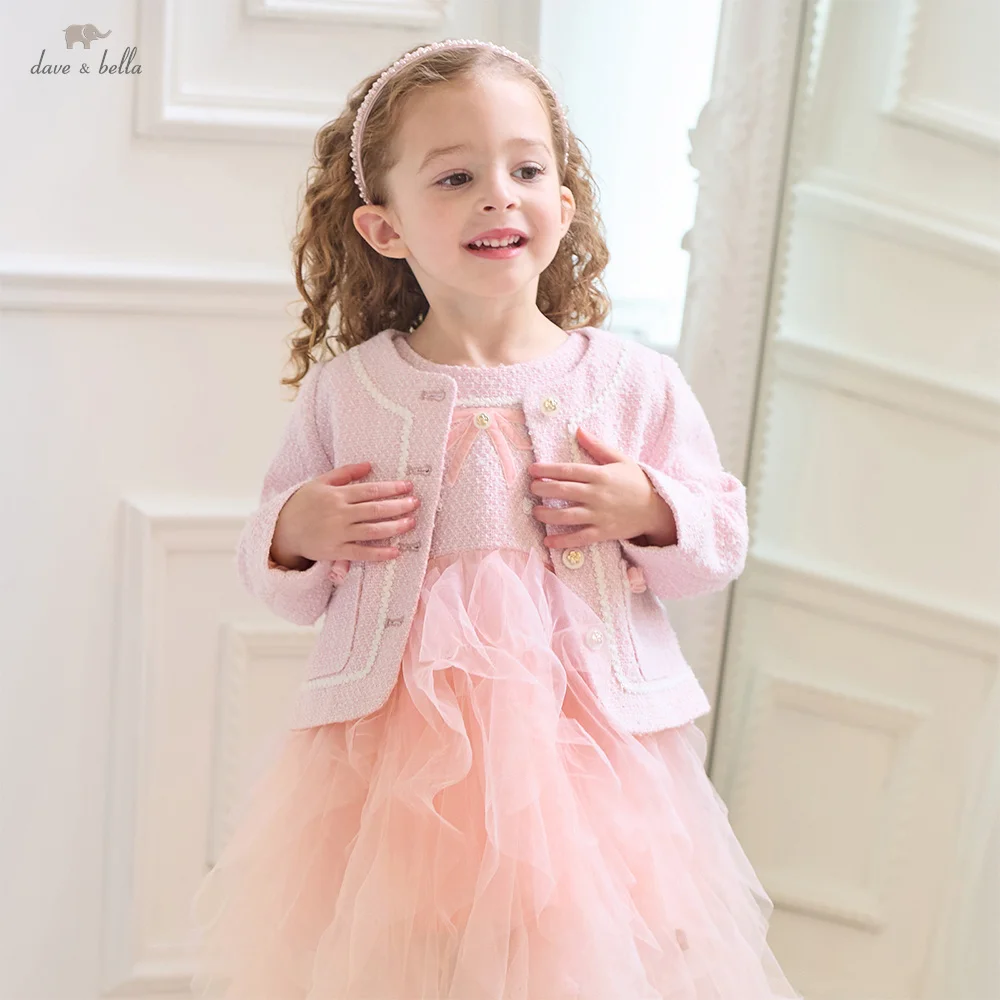 Dave Bella Princess Dress Set Girls Baby Autumn Charm Sweet Cute Pink Fashion Children's Mesh Dress Party Outdoor DB3253126