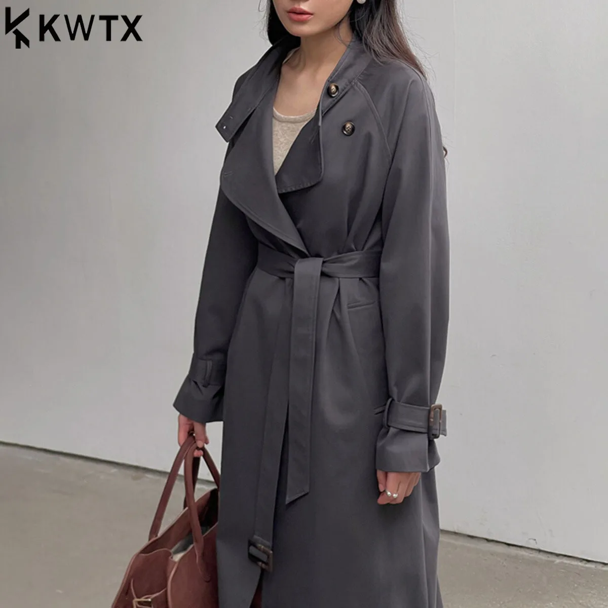 

KWTX 2025 Women’s Long Trench Coat Spring Autumn Belted Stand Collar Solid Color Casual Vintage Elegant New High Quality Chic
