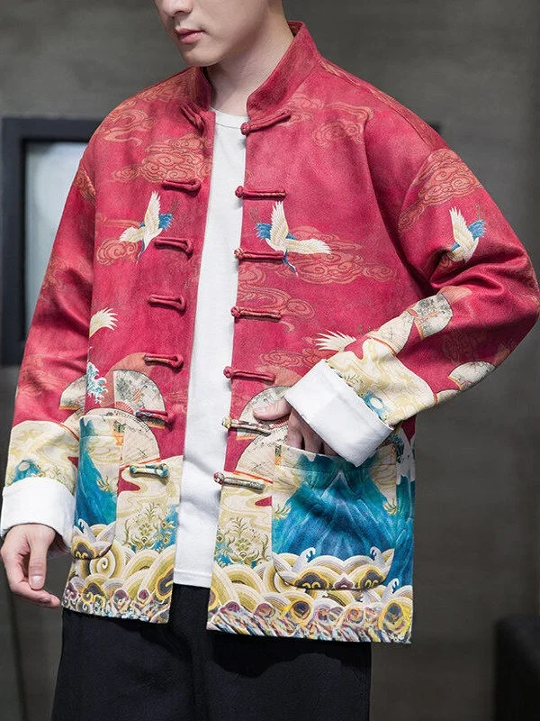 

New Chinese Sle Printed Jaet Coat for Men Spring Autumn Outerwear Youth Trendy Stand Fit Thiened Suede Velvet