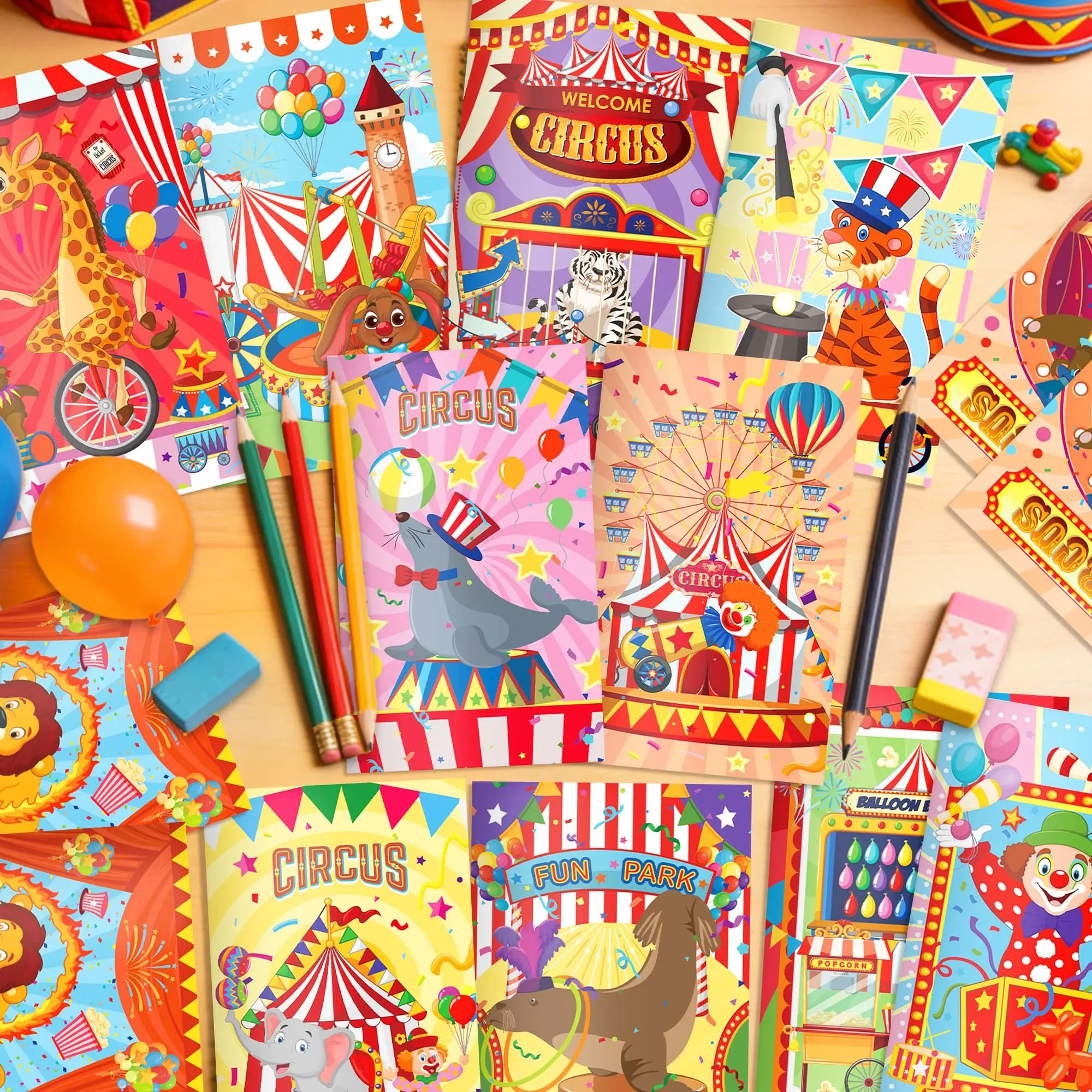 12/24pcs Circus Carnival Mini Notebook Cartoon Clown Wild Animal Pocket Notepad Birthday Xmas Party Small Gifts Writing Journals