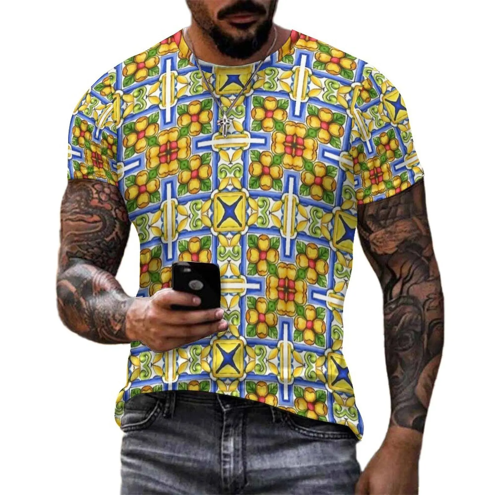 Beach T-Shirt Yellow Blue Vintage Majolica Tile Print T-Shirts Aesthetic Novelty Tees For Man Short-Sleeve Custom Plus Size Tops