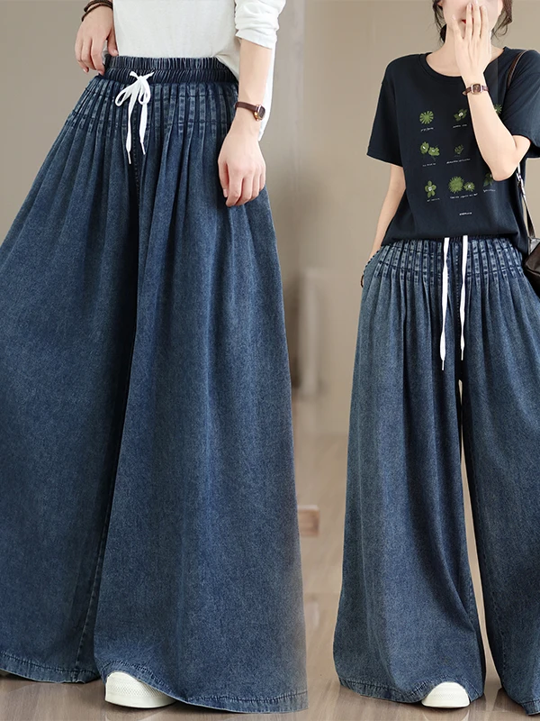 Authentic Summer Autumn Wide Leg Pants Elastic Waist Draped Casual Vintage Washed Denim Skirt Pants for Women Cotton Blend
