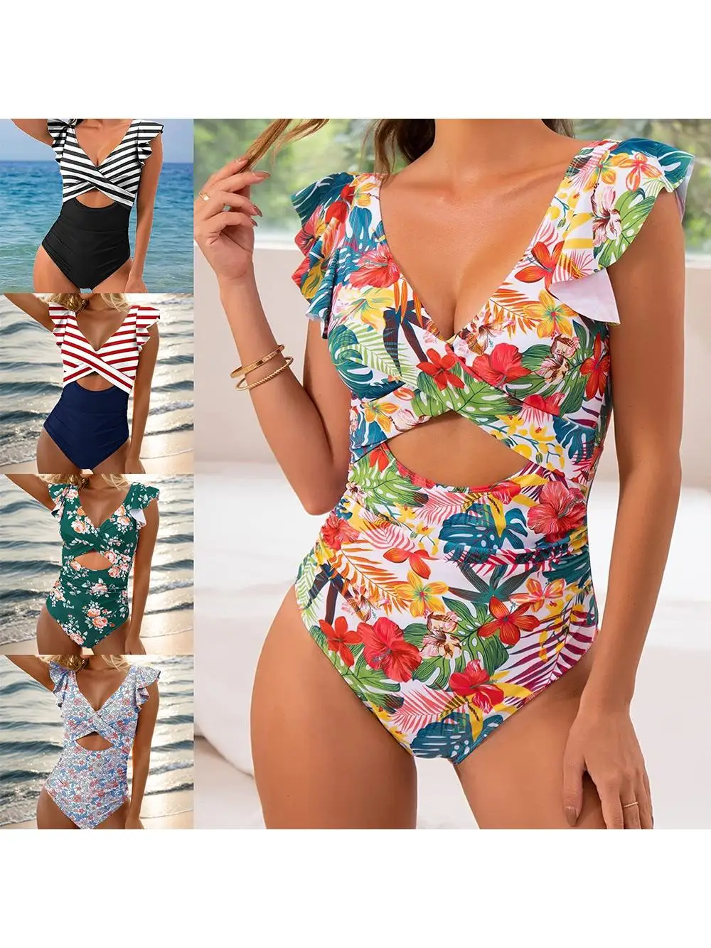 

Сексуальный купальник с вырезами и рюшами, европейский стиль, с принтом, повседневный, для серфинга, быстросохнущий, без рукавов, из полиэфирного волокна