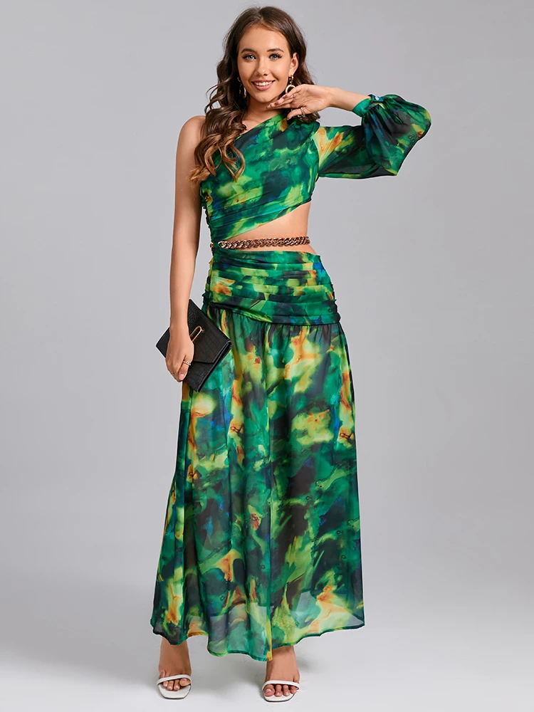 Vestido feminino de um ombro até o tornozelo, estampa exclusiva inspirada em tie-dye, manga bufante, recorte para festas de verão, passeios casuais