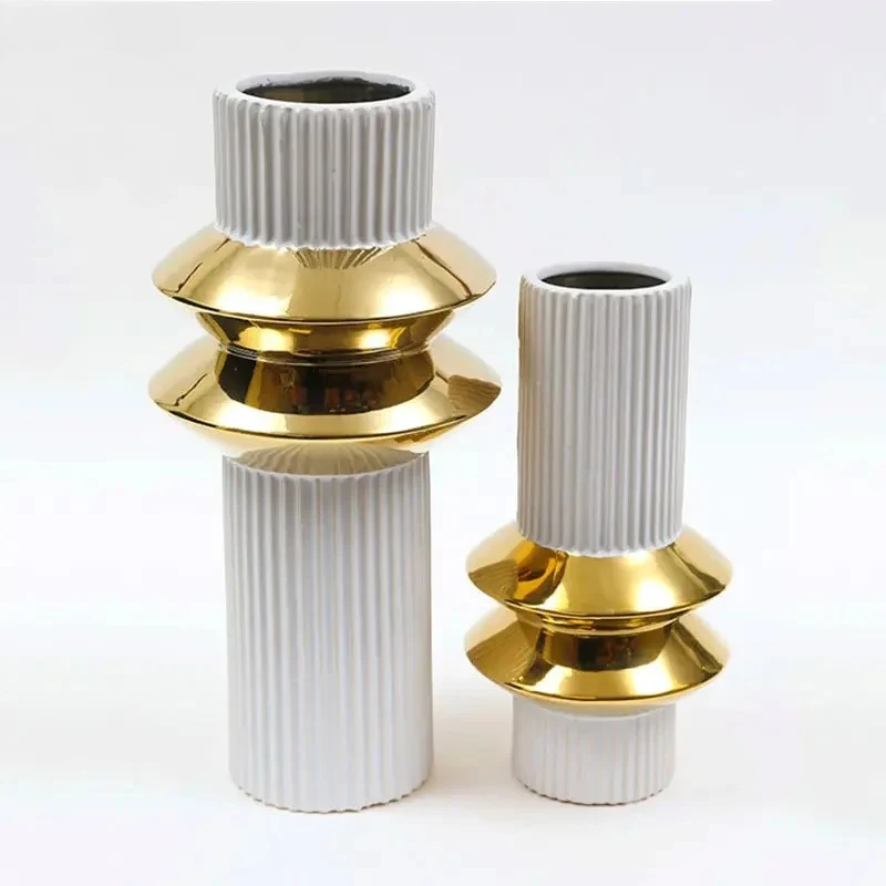 Creativity Tower Shape Gold-plated Ceramic Vase Artificial Flowers Decorative Flower Arrangement Desk Decoration Floral Vases