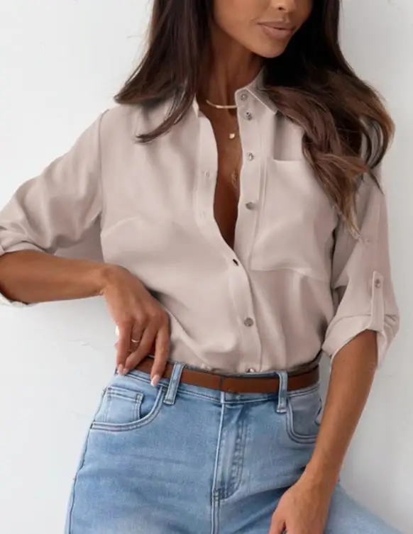 

Autumn Solid Color Lapel Slim Button Long Sleeved Shirt for Women, Fashionable and Simple Temperament Slim Commuting Shirt