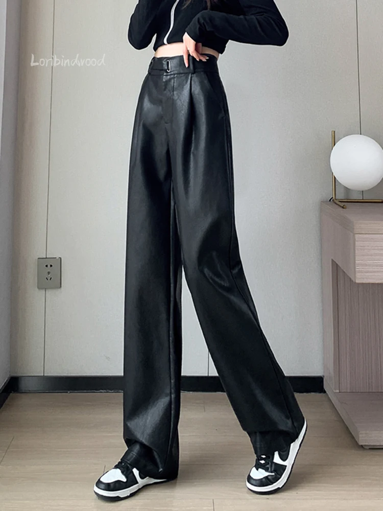 

Suli Brand Autumn and Winter New PU Leather Pants Loose Straight High Waist Wide Leg Women's Pants Casual Suit Pants Trousers