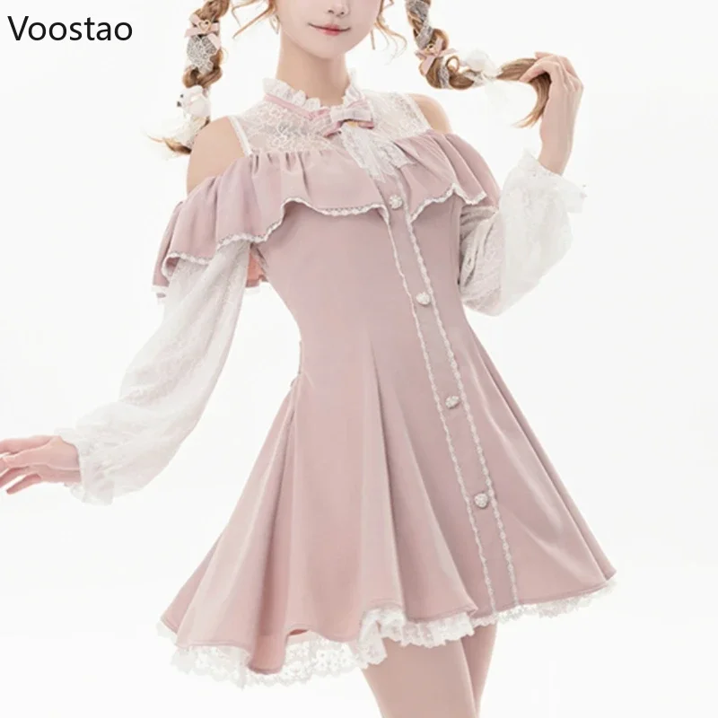 Japanese Style Gothic Lolita Dress Women Elegant Sweet Bow Off Shoulder Lace Long Sleeve Princess Dress Harajuku Y2k Party Dress