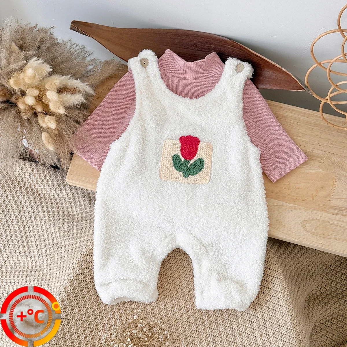 Autumn Winter Baby Girl Plush Thickened Set Sweet Flower Embroidered Strap Pants+Pink Bottom Shirt Toddler Infant Clothing