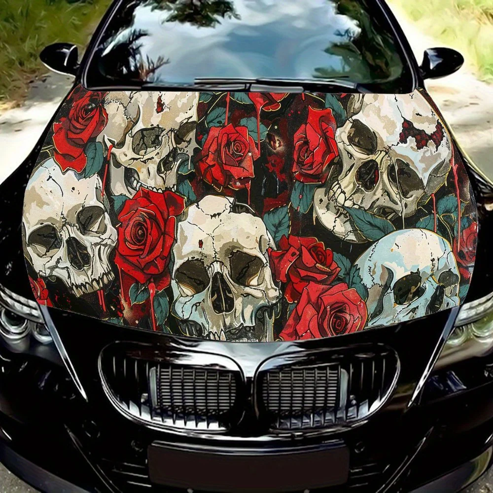

Готический череп и красная роза ПВХ автомобильные виниловые обертывания, самоклеящаяся водонепроницаемая наклейка на капот автомобиля, защитная наклейка для украшения автомобиля