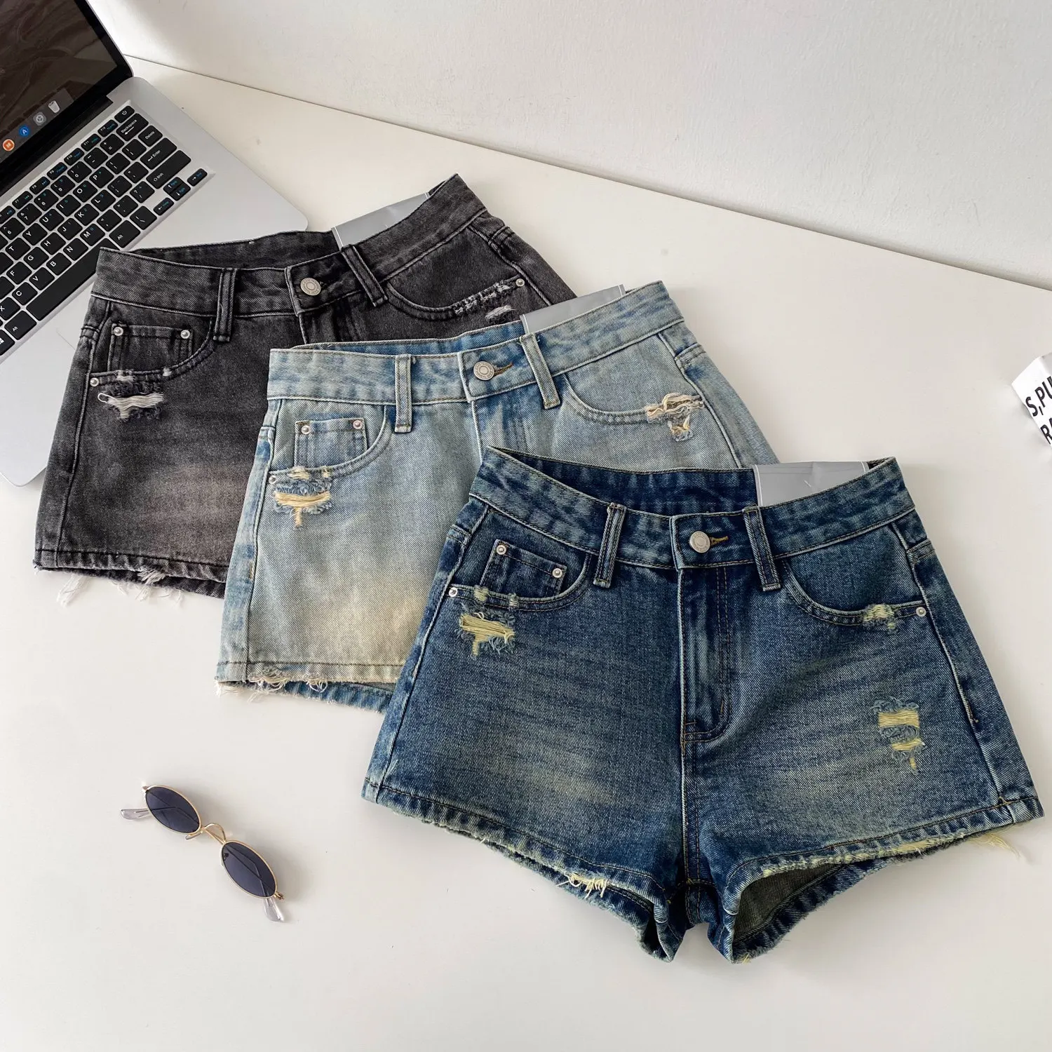 

Women Denim Pant Jeans Vintage Short Pants Casual Slim Fit High Waist Straight Trousers Y2k Streetwear Elegant Splice Work Hole