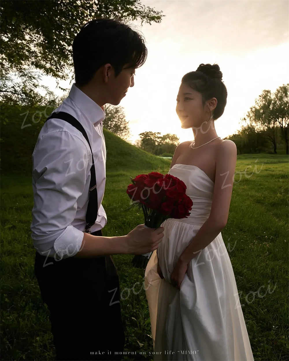 Zoci エレガントなストラップレスタフタ結婚披露宴ドレス韓国写真撮影フロアシンプルなブライダルドレスコルセットバックカスタマイズ