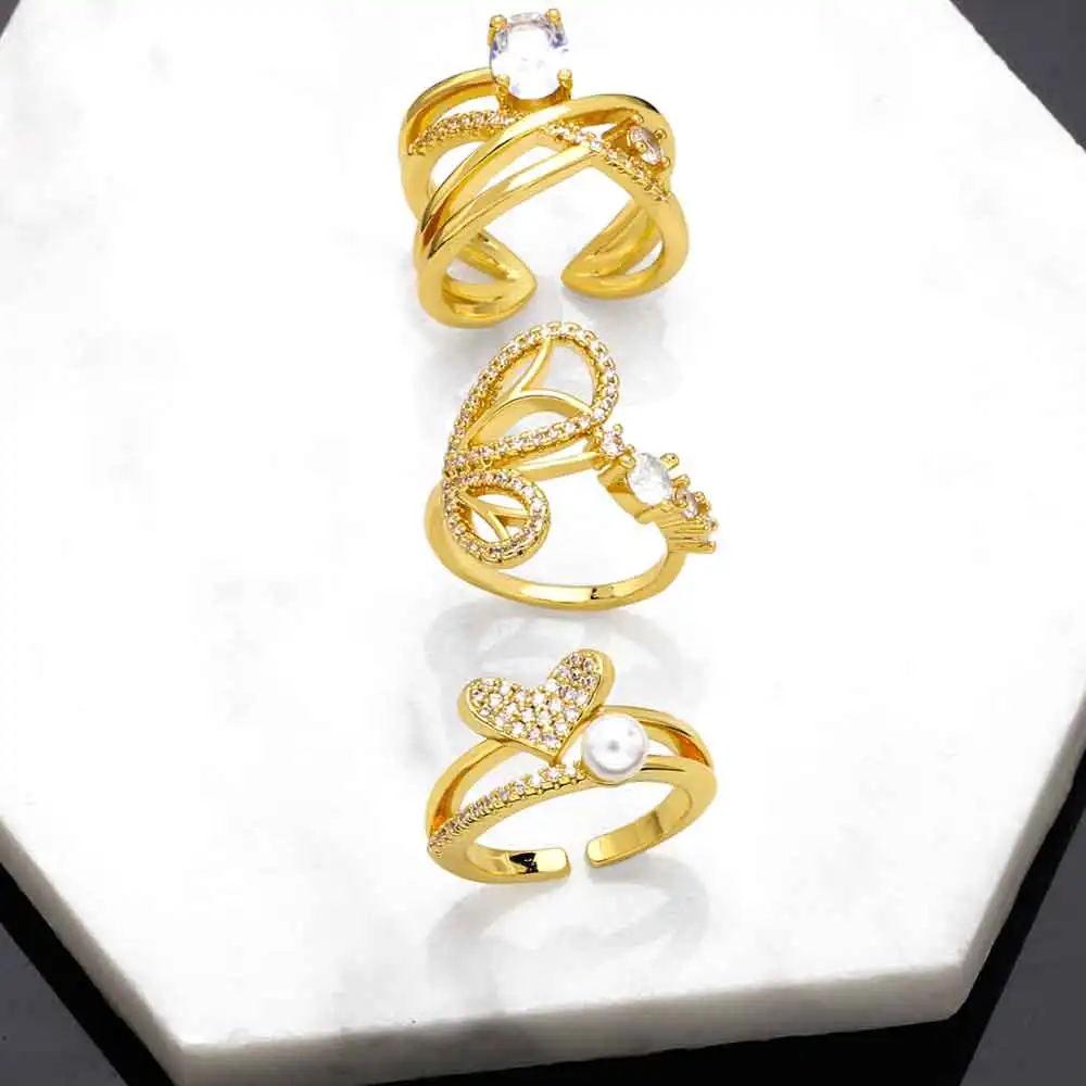 

OCESRIO Multi-layer Crystal Butterfly Wing Women Ring Zircon Copper Gold Plated Open Ring Heart Beads Brass Jewelry rigq81