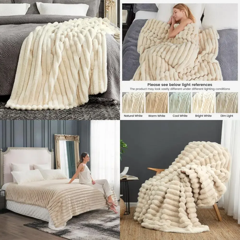 

Уютный плюшевый плед с полосками из искусственного меха, 90 x 90 см, бежевый, идеально подходит для дивана, кушетки, спальни, гостиной