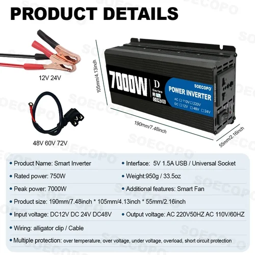 Imagen 2 del producto SOECOPO 7000W Inversor de corriente, 12V 24V 48V a 110V/220V Convertidor de voltaje para automóvil, Adaptador de corriente para accesorios de automóvil y camping