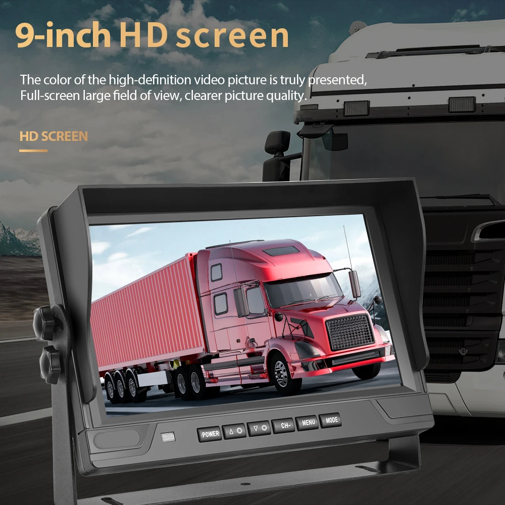 Podofo 9'' AHD Digital Wired Car Rear View Camera Kit 4CH Reversing Aid Night Vision IPS for Truck Bus RV 12V-24V Recording