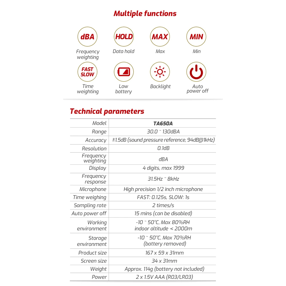 TA650A 30 ~ 130dB เครื่องวัดระดับเสียงเครื่องวัดเดซิเบลระดับเสียงเครื่องตรวจจับเสียงเครื่องวัดเสียงรบกวน0.1dB เครื่องตรวจจับเสียงรบกวนความแม่นยำสูง